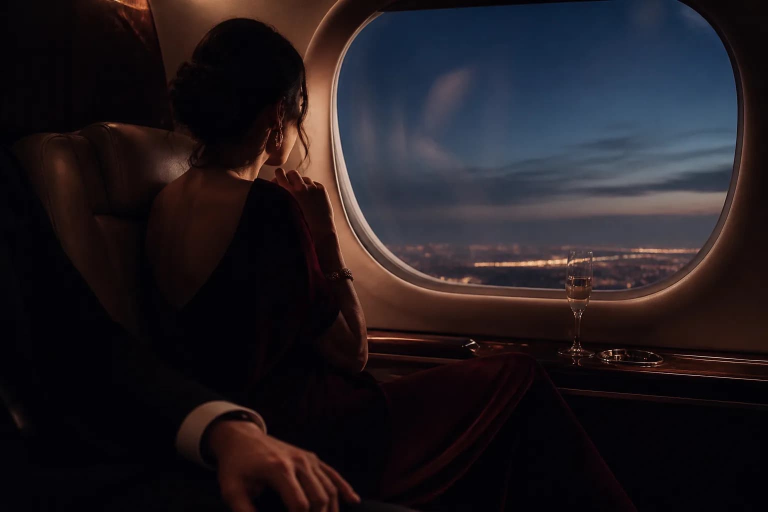 An elegant adult traveller looking through an aircraft window at city lights